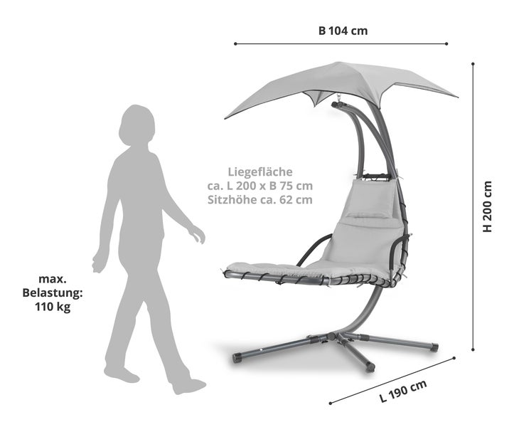 Abbildung eines Hängesessels mit Sonnenschutz und Maßangaben