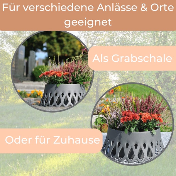 Grabschale mit Blumen und der Aufschrift Für verschiedene Anlässe und Orte geeignet.