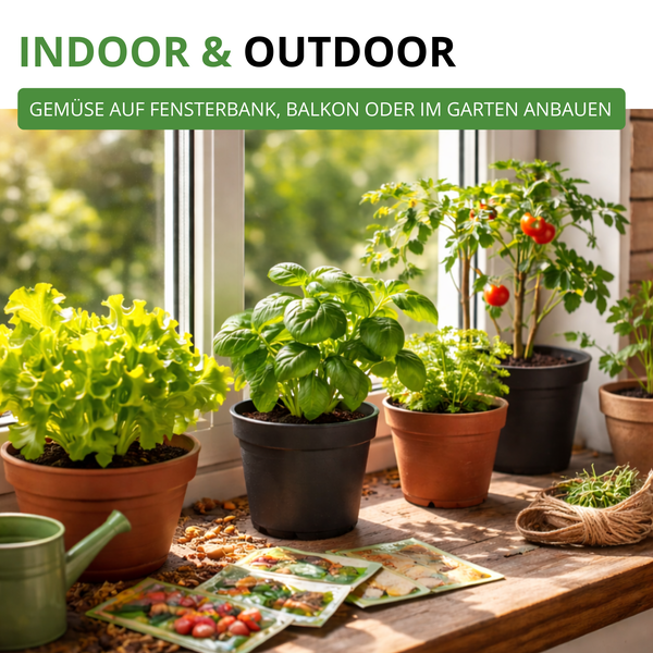 Verschiedene Kräuter und Gemüse wie Salat, Basilikum und Tomaten in Töpfen auf einer hellen Fensterbank mit Samentüten und Gießkanne.