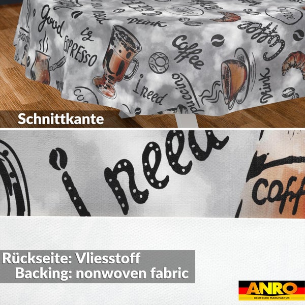 Wachstuch-Tischdecke mit Kaffeemotiv, Schnittkante, Rückseite aus Vliesstoff und ANRO Logo.