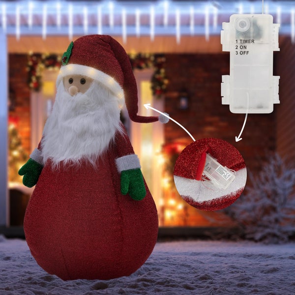 ECD Germany LED Weihnachtsmann XXL Figur mit Mütze, Bart und Handschuhe, 140cm, Stoff, Beleuchtete Gartenfigur 10 LED,Timer, Batteriebetrieben, Innen/Außen, Ausziehbare Dekofigur Weihnachtsdekoration