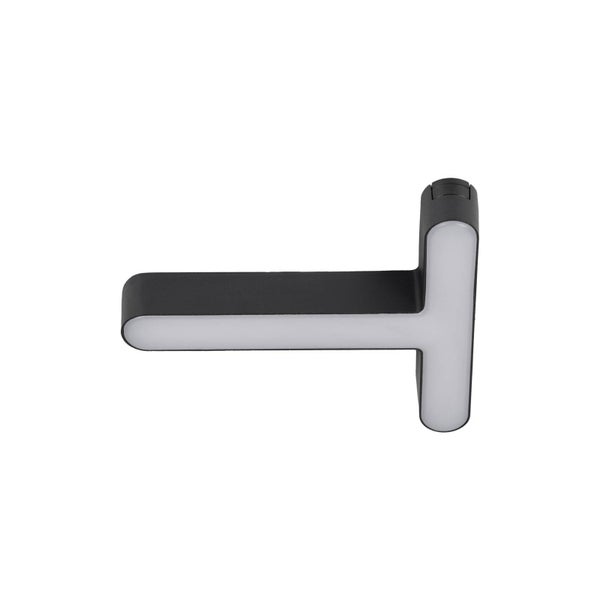 Moderne LED-Wandleuchte in T-Form mit schwarzem Gehäuse und weißer Lichtfläche.