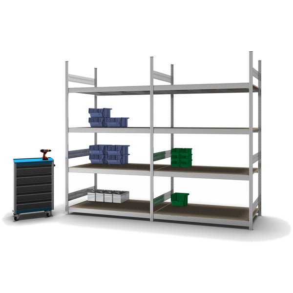 PROREGAL Weitspannregal Stecksystem T-Profil Grundregal HxBxT 250x150x80 cm 4 Ebenen Spanplatten Fachboden Fachlast 350 kg Verzinkt