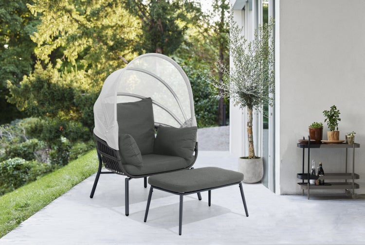 Sessel mit Fußhocker CLARA, mit Polsterauflagen und Sonnendach, anthrazit, lichtgrau