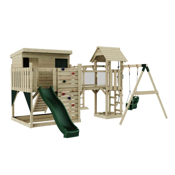 Kinderspielplatz mit Spielhaus, Rutsche, Schaukel und Kletterwand