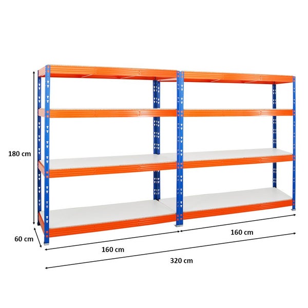 PROREGAL Mega Deal 2x Profi Schwerlastregal Rhino HxBxT 180 x 160 x 60 cm 4 Melamin-Ebenen 16mm Fachlast 500 kg Blau-Orange