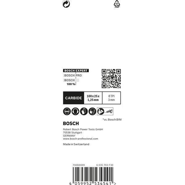 Bosch Expert Logo mit Informationen zu Produktabmessungen, Material und Sicherheitsvorkehrungen