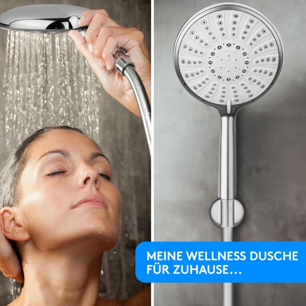 Lyvanas - TESTSIEGER - Duschkopf mit Schlauch und Halterung - Brausekopf für Dusche & Badewanne in extra gross (Ø15cm) - Wellness Regendusche mit 5 Strahlarten