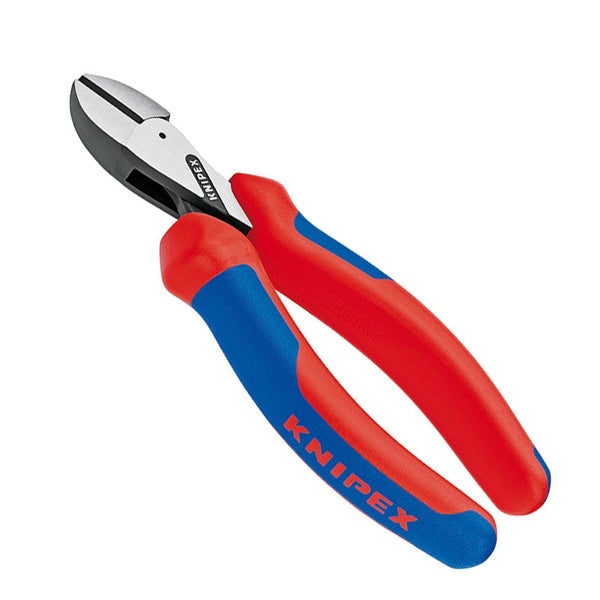 Knipex Seitenschneider mit Mehrkomponenten-Griffen in Rot und Blau.