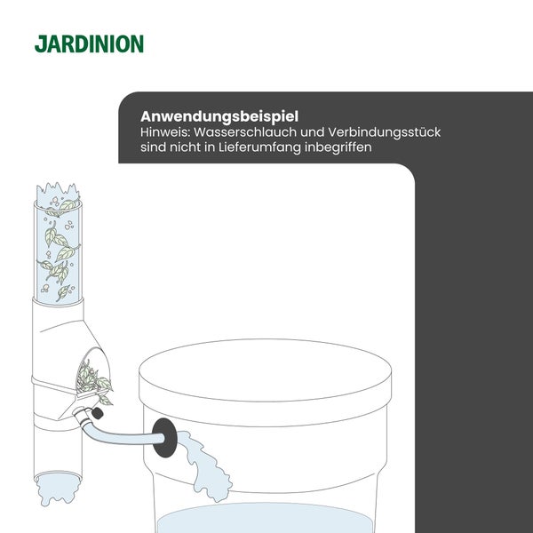 Jardinion Regenwassersammler Anwendungsbeispiel. Hinweis: Wasserschlauch und Verbindungsstück sind nicht im Lieferumfang enthalten.