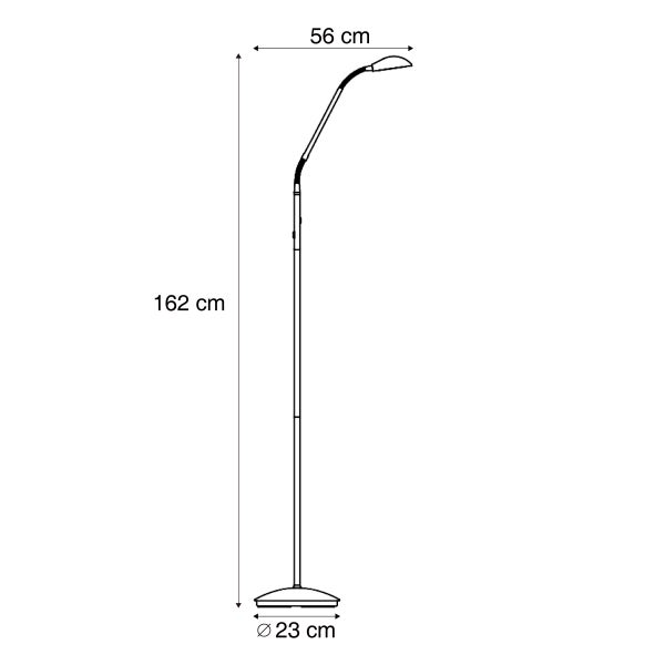 Maßzeichnung einer Stehleuchte: Höhe 162 Zentimeter, Ausladung 56 Zentimeter, Fußdurchmesser 23 Zentimeter.