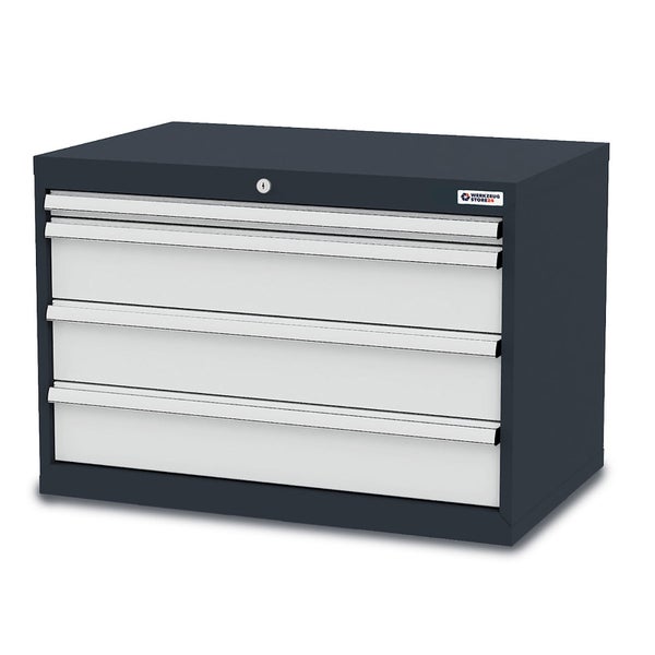 Dunkelgrauer Werkzeugschrank aus Metall mit vier hellgrauen Schubladen und Zentralschloss.