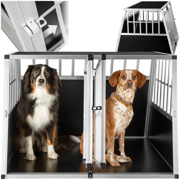 Doppel-Hundebox aus Aluminium mit zwei Hunden darin