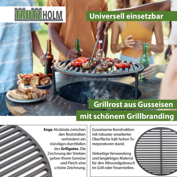 Trutzholm runder Grillrost aus Gusseisen für Feuerstellen und Grills mit emaillierter Oberfläche für gleichmäßige Hitzeverteilung und Branding.