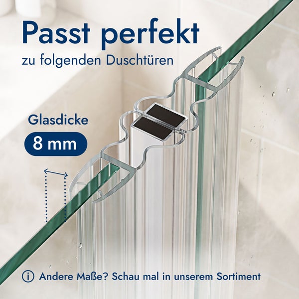 Magnetische Duschdichtung aus Kunststoff für eine Glasdicke von 8 Millimeter.