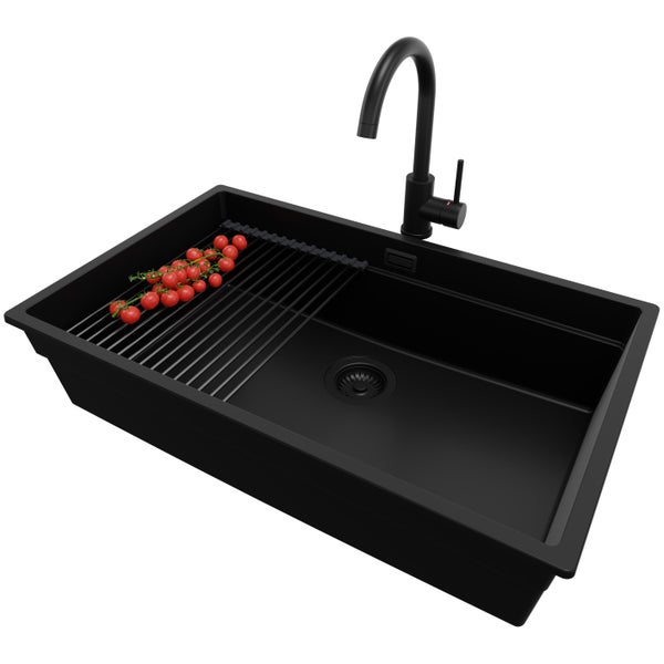 PRIMAGRAN Unterbauspüle Granit Alles Schwarz 76x47cm, Spülbecken 1 Becken + Küchenarmatur 32x20cm + Ablauf-Set + Aufrollbare Abtropffläche, Granitspüle ab 80er Unterschrank - Praga
