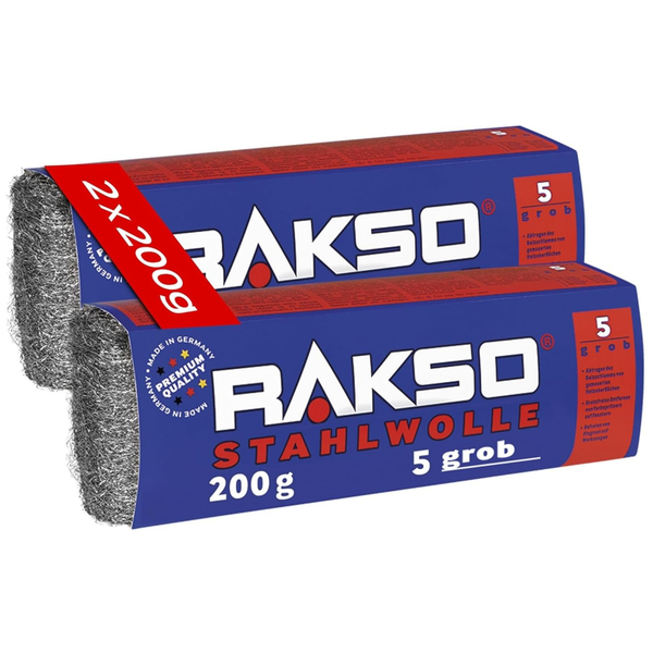 Rakso Stahlwolle Sorte 5 grob, zwei Packungen zu je 200 Gramm, hochwertige Qualität, hergestellt in Deutschland, für Reinigung und Schliff, Rakso Logo