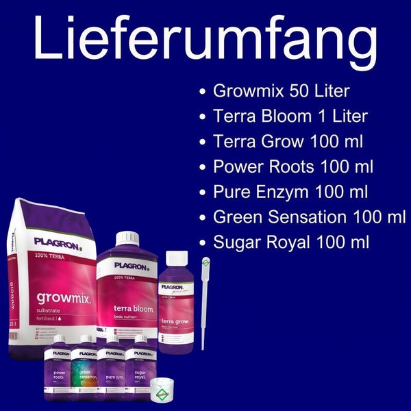 Lieferumfang Plagron Set: Growmix 50 Liter, Terra Bloom 1 Liter, Terra Grow, Power Roots, Pure Enzym, Green Sensation, Sugar Royal je 100 Milliliter.