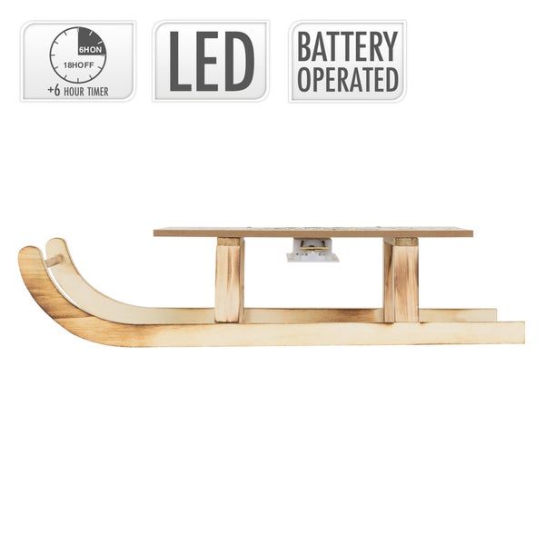 ECD Germany LED Deko Schlitten aus Holz mit warmweißen LEDs, 42 x 16 cm, Natur-Braun, batterriebetrieben, Beleuchteter Dekoschlitten mit Timer, Weihnachtsdeko Weihnachten Dekoration Deko Holzschlitten