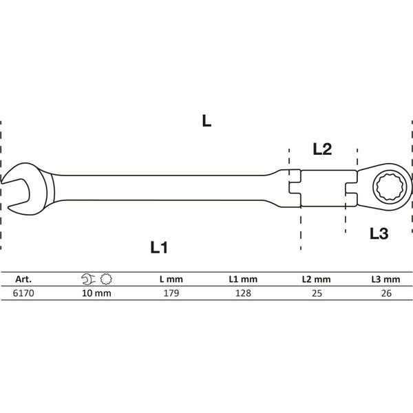 Technische Zeichnung eines Ringschlüssels mit Gelenk, 10 mm, Länge 179 mm