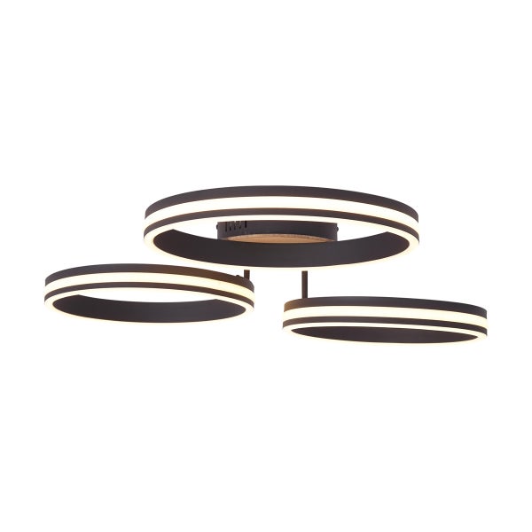 Moderne LED Deckenleuchte mit drei ringförmigen Elementen für eine flächige Raumausleuchtung.