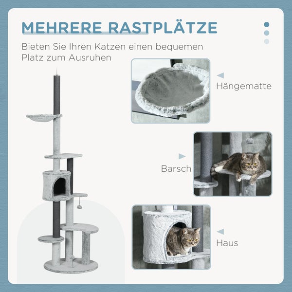 PawHut Kratzbaum Deckenhoch, Katzenbaum, 225-255 cm Katzenkratzbaum mit Katzenhöhle, Kratzstämmen, Korb, Spielball, Katzenmöbel mit Kippschutz, Grau