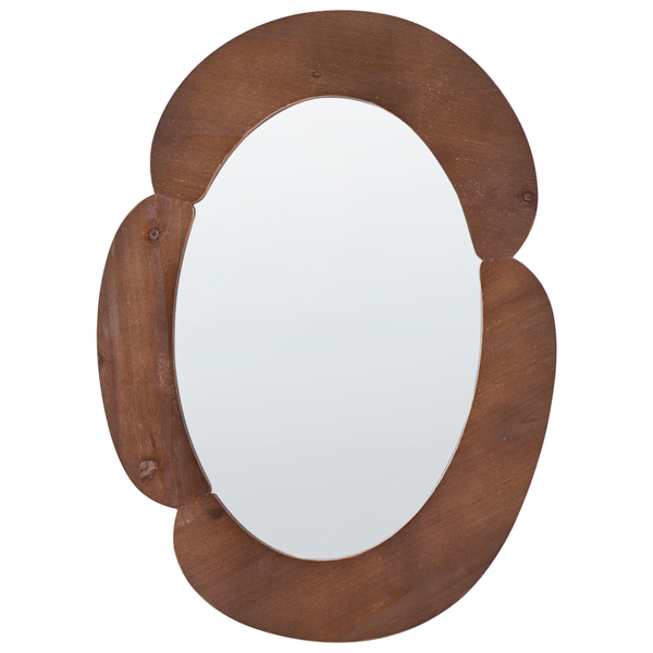 Ovaler Wandspiegel mit einem Rahmen aus geschwungenen Holzelementen.