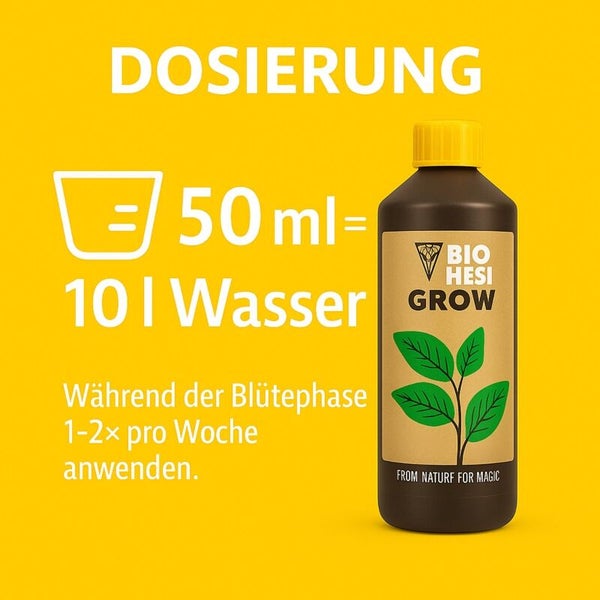Dosierungsanleitung für Bio Hesi Grow: 50 Milliliter auf 10 Liter Wasser, ein- bis zweimal pro Woche während der Blütephase anwenden.