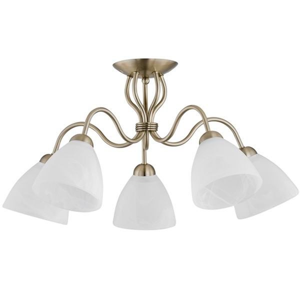 Fünfflammige Deckenleuchte in Altmessing Optik mit geschwungenen Armen und satinierten Glasschirmen für eine gleichmäßige Lichtverteilung.