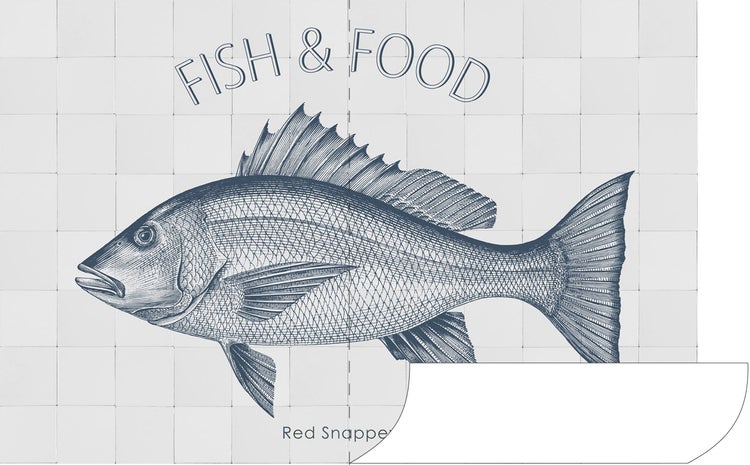 Fliesenbild mit Fisch- und Speisenmotiv