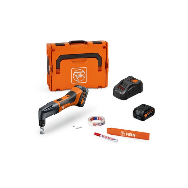 Fein 18 Volt Akku-Nibbler Set mit L-BOXX inklusive Fein Logo, Ladegerät, Akku, Zollstock, Marker und Klebeband.