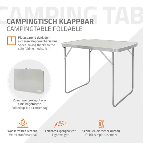 ECD Germany Alu Campingtisch Klapptisch, 70x50x60 cm, Grau, MDF-Platte, klappbar, tragbar, leicht, Falttisch für Picknick, Camping Koffertisch mit Griff, Gartentisch Reisetisch Balkontisch Esstisch
