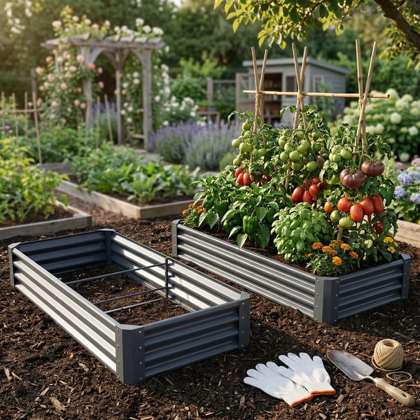 Zwei Hochbeete aus Metall im Garten. Ein Beet ist leer mit Metallstreben, das andere mit Tomaten, Paprika und Basilikum bepflanzt.
