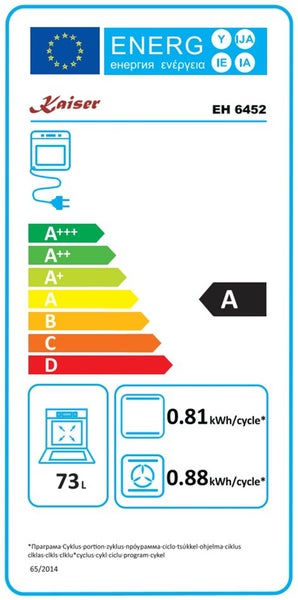 EU Energieeffizienzlabel für den Kaiser Backofen EH 6452 mit Energieeffizienzklasse A, 73 Liter Volumen und Energieverbrauchswerten.