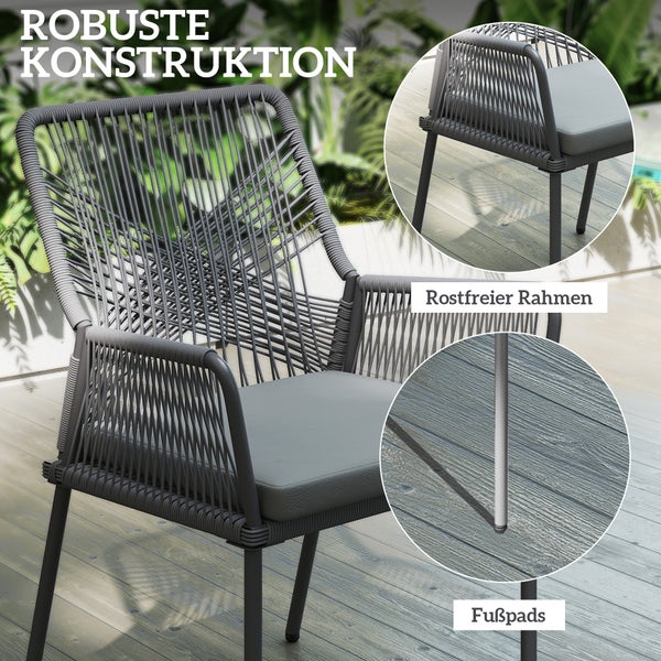 Outsunny 2er Set Gartenstuhl Rattan Gartenmöbel mit Armlehne Rückenlehne abnehmbar Sitzkissen wetterfest Outdoor Essstühle Gartenstühle Balkonstuhl Rattanstuhl für Garten Balkon Terrasse Dunkelgrau