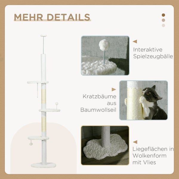 PawHut Kratzbaum Deckenhoch, 225-255 cm Katzenbaum, Katzenkratzbaum, Kletterbaum mit Jute-Seilpfosten, Katzenleiter, Spielball, Hängematte, Katzenmöbel für Katzen bis 5 kg, Weiß
