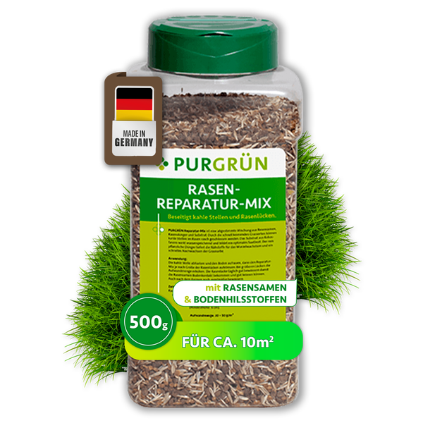 Purgrün Rasen-Reparatur-Mix, 500 Gramm für circa 10 Quadratmeter, enthält Rasensamen und Bodenhilfsstoffe, Hergestellt in Deutschland.