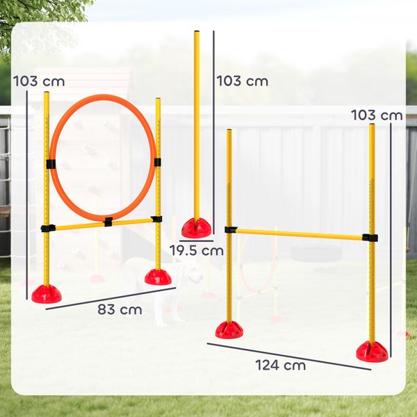 PawHut Agility Set Hunde 3-teiliges befüllbar Agility-Ausrüstung für Hundetraining Steckhürdenset mit Slalomstangen höhenverstellbar Hürden Sprungring Koordinationstraining für Spiele Training