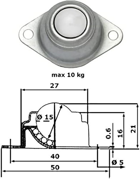 Kugelrolle mit Montageplatte und technischer Maßzeichnung, maximale Tragkraft 10 Kilogramm.