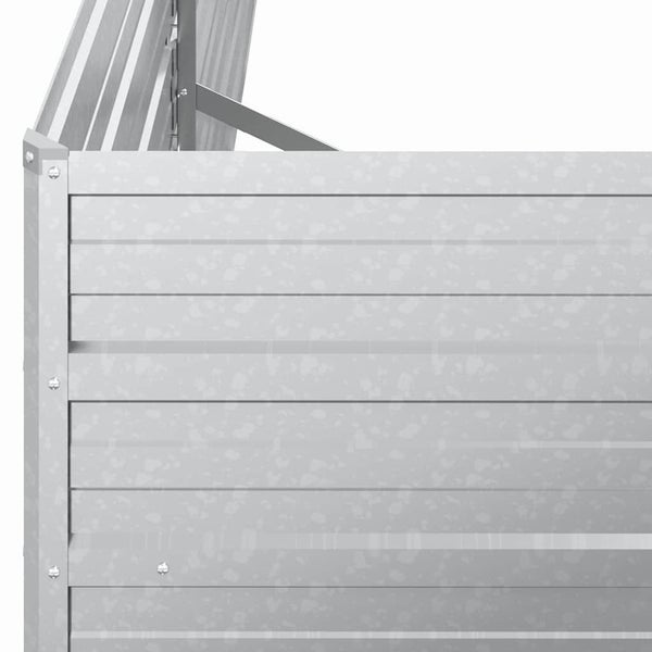 Detailansicht eines Hochbeets aus verzinktem Metall mit horizontalen Lamellen und Eckverschraubung.