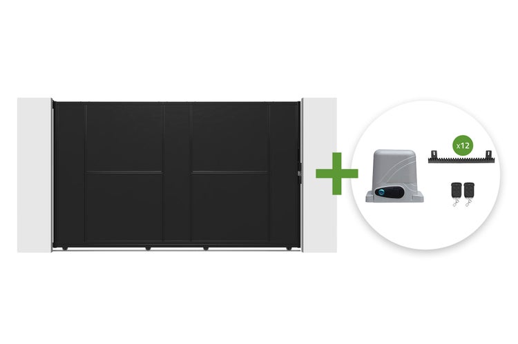 Schwarzes Schiebetor Set mit elektrischem Torantrieb, zwölf Zahnstangen und zwei Handsendern.