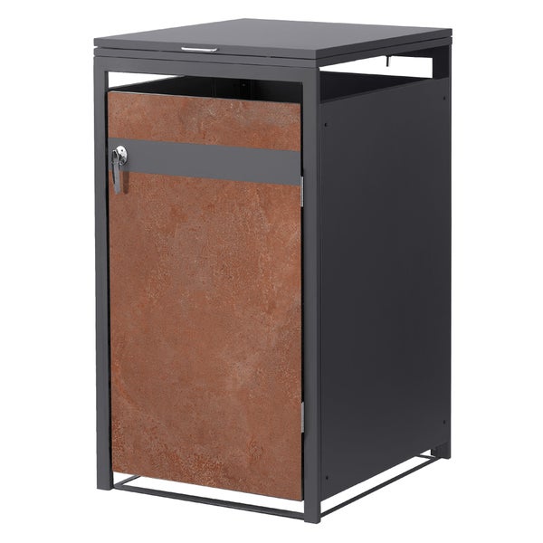 Mülltonnenbox aus Metall mit anthrazitfarbenem Rahmen und einer Tür in Rost-Optik mit Griff und Schloss.