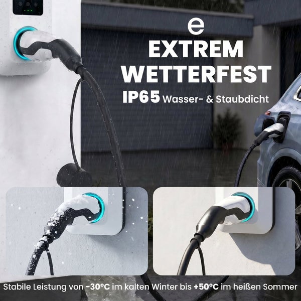 Wetterfeste Wandladestation mit Schutzart IP65 fuer Elektroautos zum Laden bei Schnee und Regen bei Temperaturen von minus 30 bis plus 50 Grad.