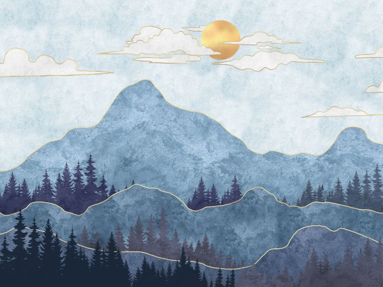 Illustration einer Waldlandschaft mit Bergen und Sonne