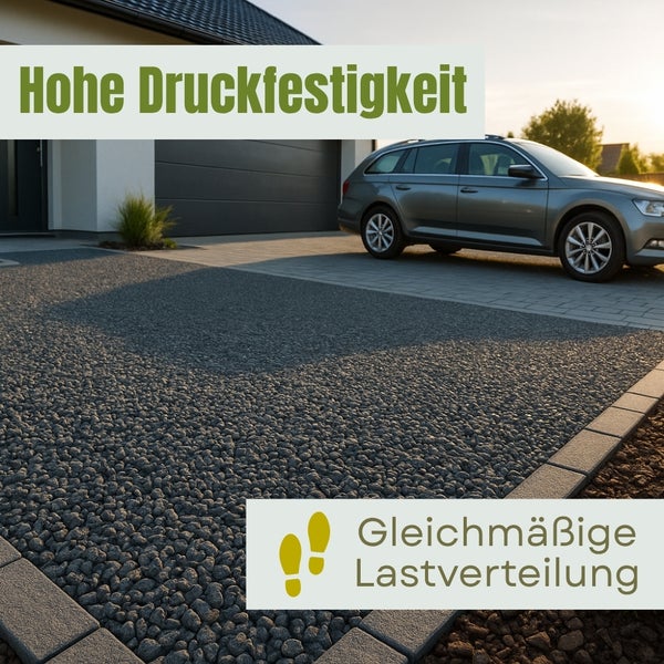 Einfahrt mit Kies und hoher Druckfestigkeit sowie gleichmäßiger Lastverteilung.