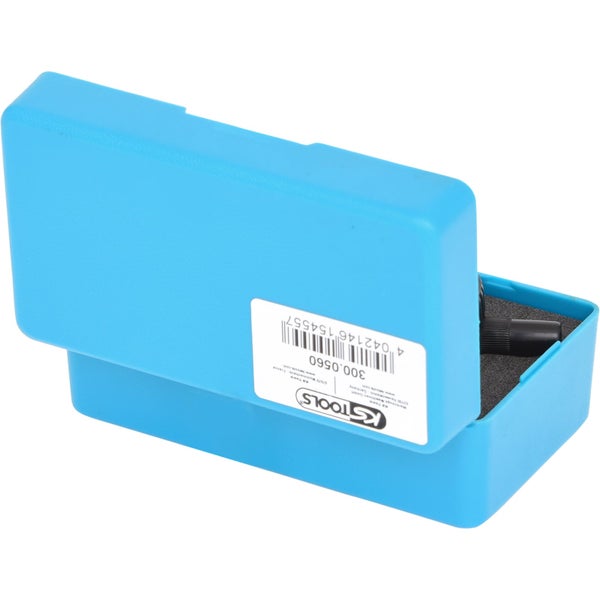 KS Tools Logo. Bohrlehre im geöffneten, blauen Kunststoffkoffer