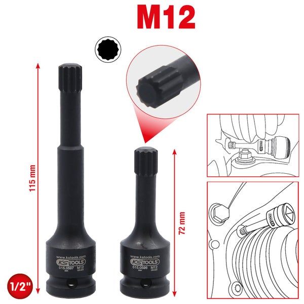 KS Tools Logo M12 Vielzahn-Einsatz, 1/2-Zoll-Antrieb, mit Größenangaben