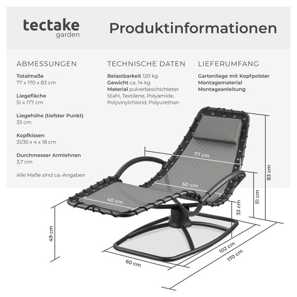 Gartenliege tectake Toulon abnehmbares Kopfpolster ergonomisch, mit Komfort-Schwingbewegung grau
