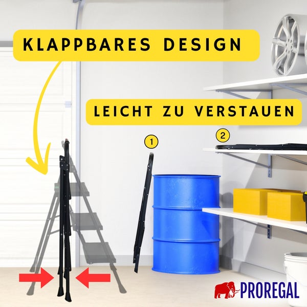 Klappbare Trittleiter in einer Garage zeigt platzsparende Aufbewahrung hinter einem Fass und auf einem Regal. Proregal Logo.