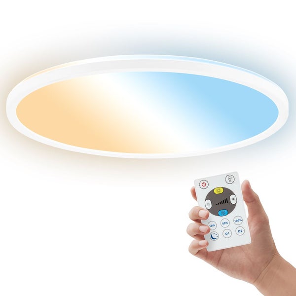 Flache, runde LED-Deckenleuchte mit Farbtemperaturwechsel und Fernbedienung zur Steuerung von Helligkeit und Lichtfarbe.